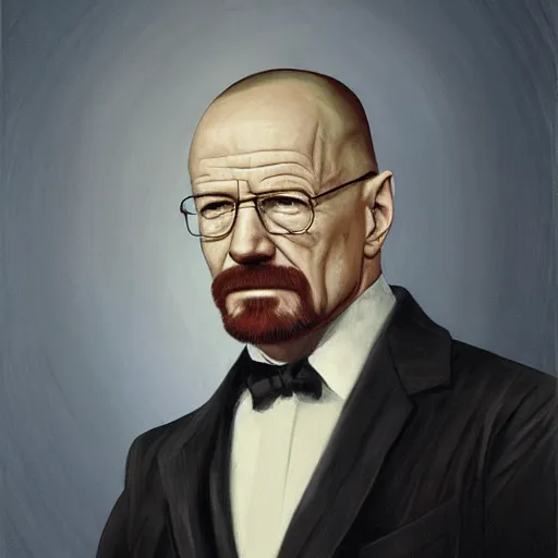 Prompt: president walter white, walter white presidential portrait, oval office painting. official portrait, painting by gibbs - coolidge. oil on canvas, wet - on - wet technique, underpainting, grisaille, realistic. restored face.