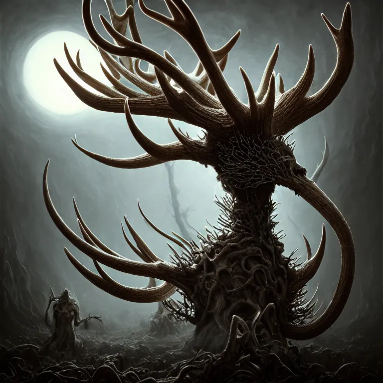 Prompt: surreal portrait of white demon covered with ribbed white spiky spiral crooked antlers, in wastelands on white exoplanet at night, baroque portrait painting, beautiful intricate insanely detailed octane render, artstation, 8 k artistic harsh flash photography, photorealistic, volumetric perfect light, chiaroscuro, raphael, caravaggio, beksinski, rutkowski, giger