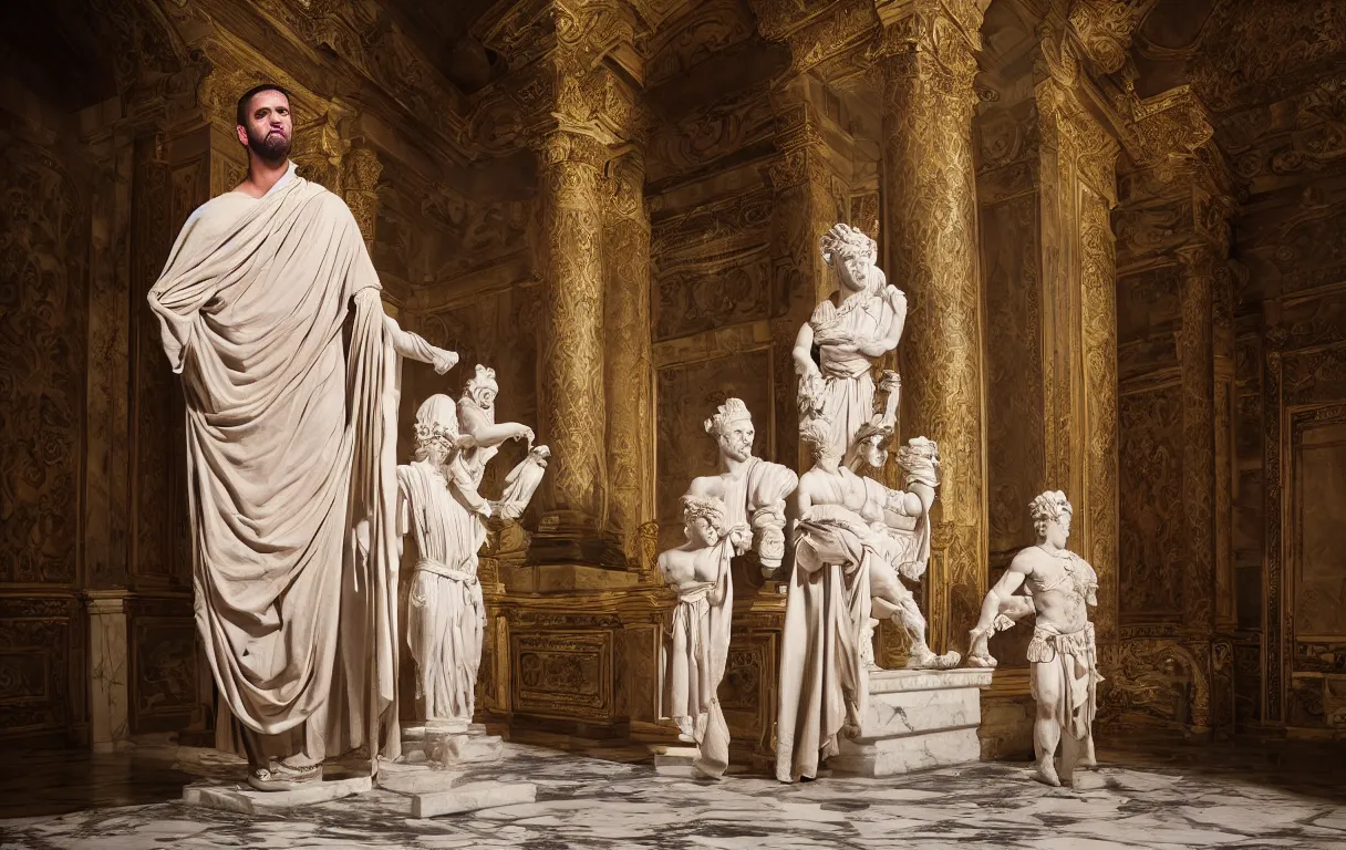 Image similar to professional studio photograph of a man wearing a roman emperor costume in a pristine marble palace with romans, photorealistic, dramatic lighting, intricate details, award winning photojournalism