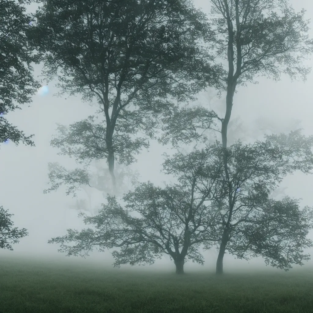 Image similar to A tree growing on a meadow partially covered with morning fog, with leaves divided in four seasons of the year, with tree hollow, with rope ladder, cinematic lighting, photo realistic image, 4K, super detailed, cinematic look