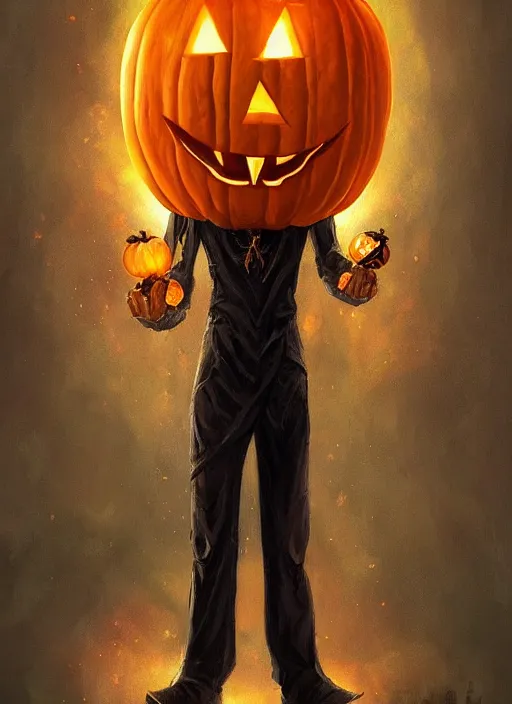 Prompt: tall thin male with a jack - o - lantern for a head, jack pumpkinhead, pumpkin head, full body character concept, art nouveau, super powers, fantasy, intricate, elegant, highly detailed, digital painting, artstation, concept art, shining, sharp focus, illustration, art by stanley lau