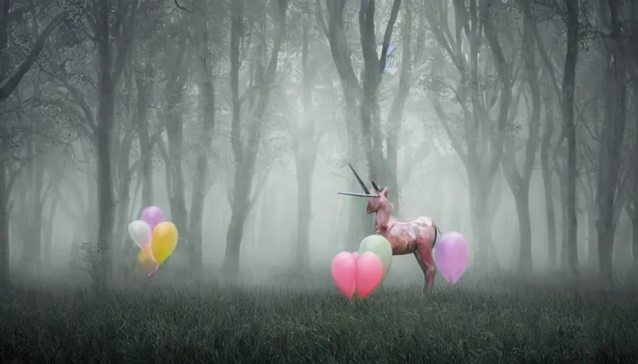 Image similar to A unicorn made out of balloons floats lonely through a dark foggy Forest, Digital Art, Photorealism, Hyper Realistic, Hyperdetailed, Movie Screenshot, iMAX Quality