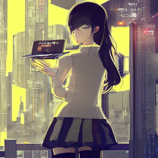 Image similar to Frequency indie album cover, luxury advertisement, yellow filter, white and gray colors. Clean and detailed post-cyberpunk sci-fi close-up schoolgirl in asian city in style of cytus and deemo, blue flame, relaxing, calm and mysterious vibes, by Tsutomu Nihei, by Yoshitoshi ABe, by Ilya Kuvshinov, by Greg Tocchini, nier:automata, set in half-life 2, Matrix, GITS, Blade Runner, Neotokyo Source, Syndicate(2012), dynamic composition, beautiful with eerie vibes, very inspirational, very stylish, with gradients, surrealistic, dystopia, postapocalyptic vibes, depth of field, mist, rich cinematic atmosphere, perfect digital art, mystical journey in strange world, beautiful dramatic dark moody tones and studio lighting, shadows, bastion game, arthouse