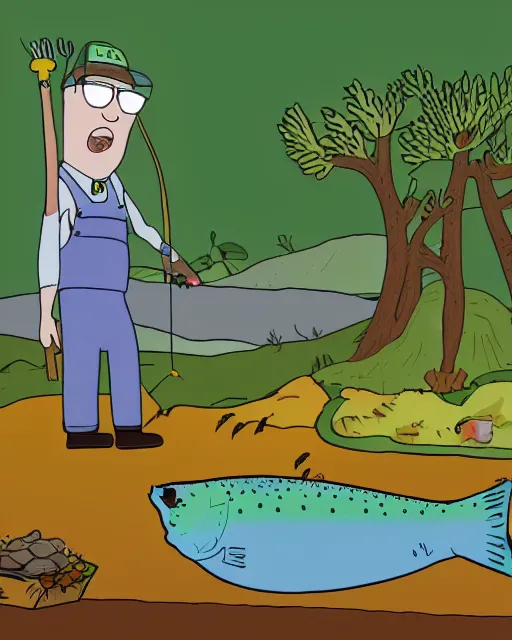 Prompt: Rainbow Trout farmer animated by Justin Roiland