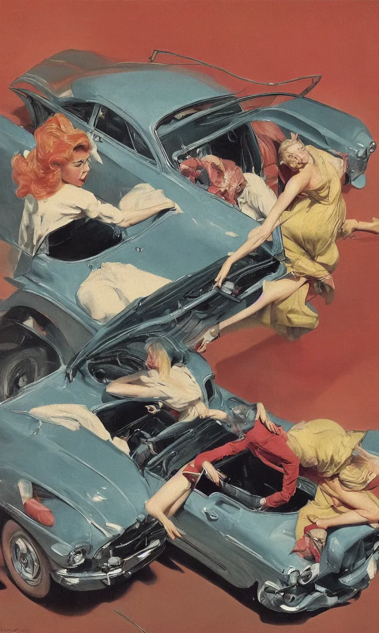 Image similar to 1950s blonde driving Ford mustang on the Swedish countryside. oil on canvas. in the style of Francis Bacon and Zdzislaw Beksinski, Edward Hopper and Norman Rockwell, highly detailed, very coherent, triadic color scheme, airbrush, very coherent, triadic color scheme, art by Takato Yamamoto and James Jean