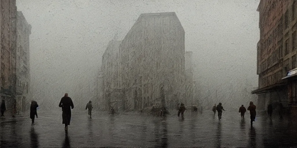 Image similar to detailed medium format photo, polaroid still from tarkovsky movie, people running on wet street by buildings in city, haze, high production value, intricate details, 8 k resolution, hyperrealistic, hdr, photorealistic, high definition, technicolor, award - winning photography, masterpiece, amazing colors