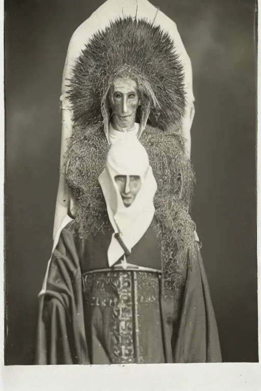 Image similar to a wet plate photo of an anthropomorphic ostrich pope