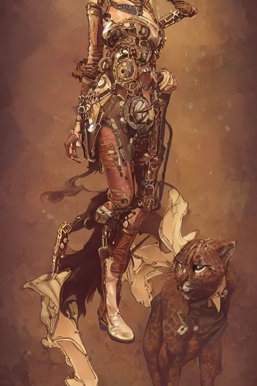 Image similar to anthropomorphic cheetah as steampunk half - cyborg, western, high fantasy, dnd, smooth, sharp focus, illustration, highly detailed, digital painting, artstation, concept art, by disney animation, rossdraws, alphonse mucha, frank fanzzeta, collectible card art