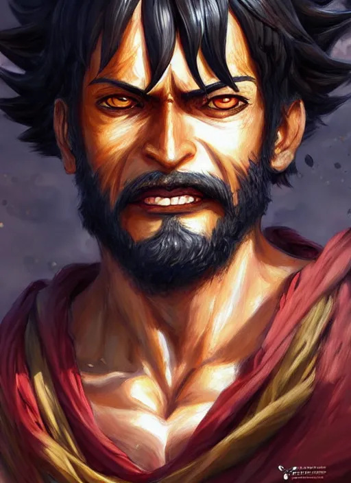 Image similar to luffy as fantasy style portrait painting of middle eastern male brown wavy hair beard rpg dnd oil painting unreal _ 5 _ daz. _ rpg _ portrait _ extremely _ detailed _ artgerm _ greg _ rutkowski _ greg