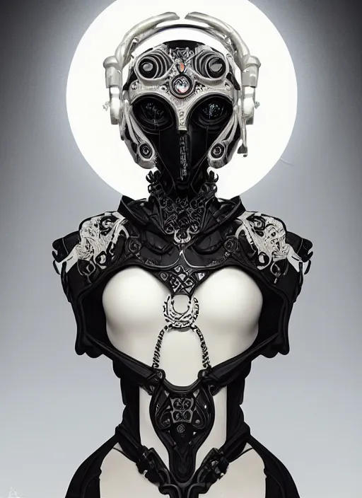 Image similar to a cyborg with mask, black leather garment with art nouveau ivory accessories, white intricate lace and jewels, ominous, ethereal, misty, diffused lighting, cyberpunk, darksynth, luxury, concept art by zeen chin, extremely detailed, artstation, alphonse mucha, ruan jia, 8 k, unreal engine 5