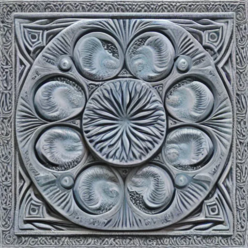 Prompt: fractals, maze, thin lines, high detail, ernst haeckel, carved soapstone relief paneling white and pale blue