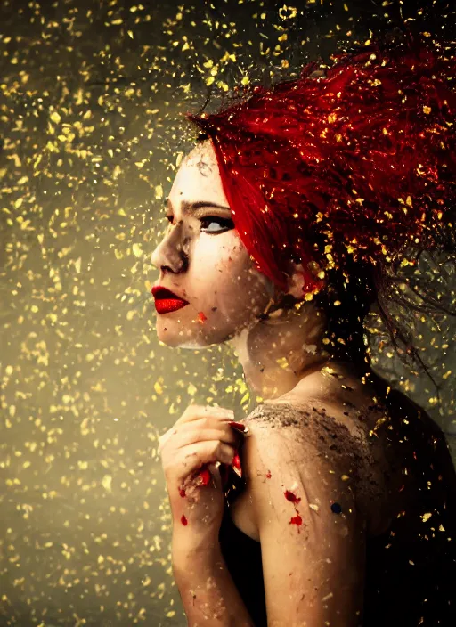 Prompt: a dramatic lighting photo of a beautiful young woman with confetti hair. paint splashes. moody, melanchonic. with a little bit of gold and red