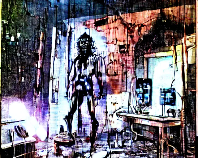 Image similar to el diablo satanas [covered in wires] emerges from a cybercore portal in my disgusting room in the basement, 16 mm