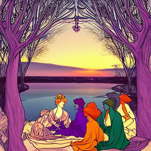 Prompt: the women gathered by the river as the sun set , high quality digital art in the style of Art Nouveau,