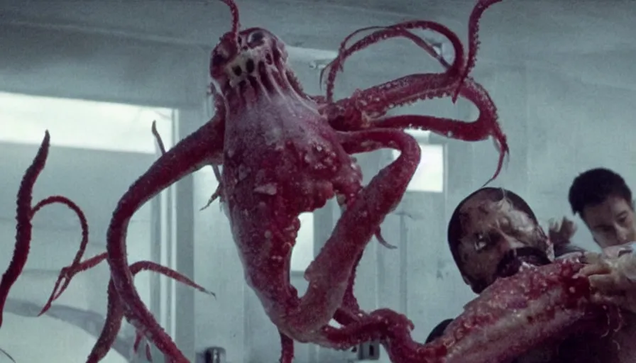 Image similar to Big budget horror movie, a squid bloodily rips off a man's head while a cyborg watches