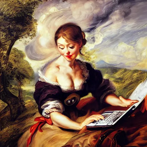 Image similar to heavenly summer sharp land sphere scallop well dressed lady working on her laptop, auslese, by peter paul rubens and eugene delacroix and karol bak, hyperrealism, digital illustration, fauvist