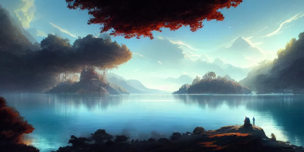 Image similar to large lake with a forested island in the middle, cinematic view, blue sky, detailed, concept art, low angle, high detail, realistic, warm lighting, volumetric, godrays, vivid, artstation, digital painting by jordan grimmer and greg rutkowski