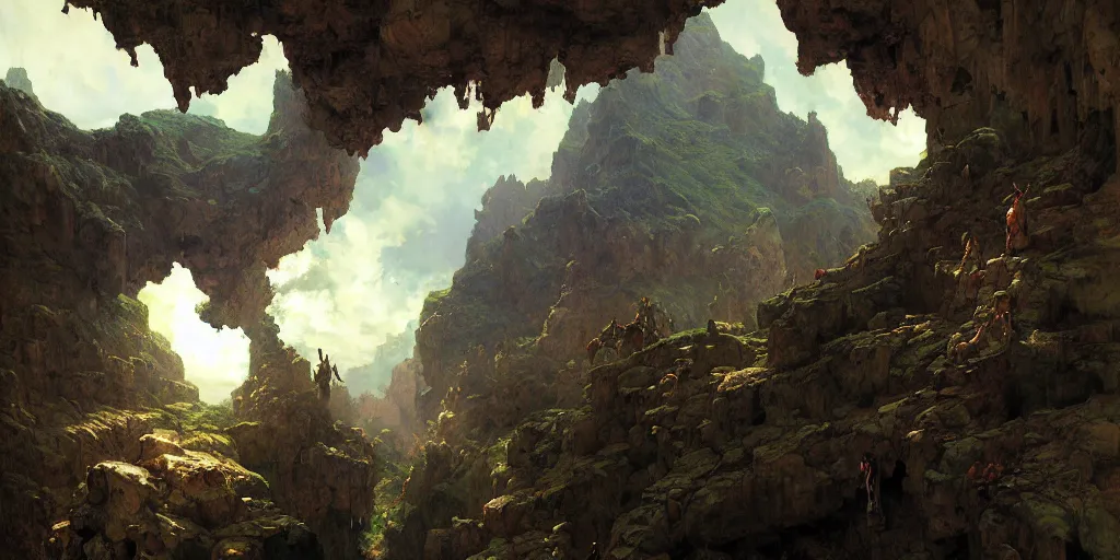 Image similar to huge cave ceiling clouds made of green earth towns, industry, steampunk villages castles, buildings inverted upsidedown mountain artstation illustration sharp focus sunlit vista painted by ruan jia raymond swanland lawrence alma tadema zdzislaw beksinski norman rockwell tom lovell alex malveda greg staples