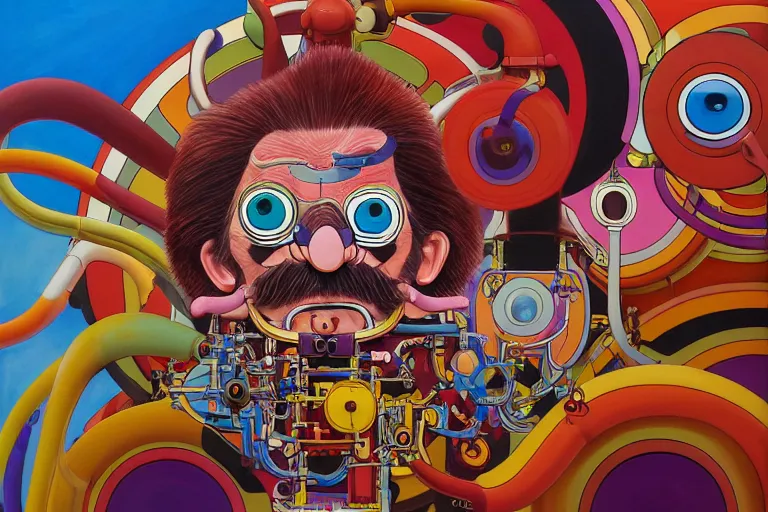 Prompt: Beautiful painting of anthropomorphic steam engine Barry Chuckle caveman hydra, Neo-Andean Architecture art by Takashi Murakami, art by Victor Moscoso. Lifelike mechanical eyes. Locomotive Barry Chuckle. Trending on artstation, hyperrealism, 8k