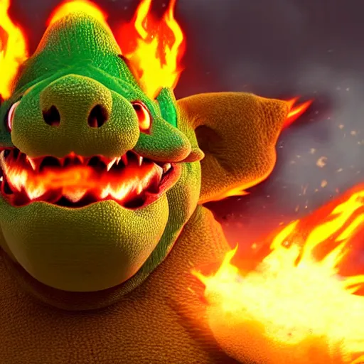 Prompt: A Realistic Bowser From Super Mario Bros, 8k, HD, Photorealistic, Flames