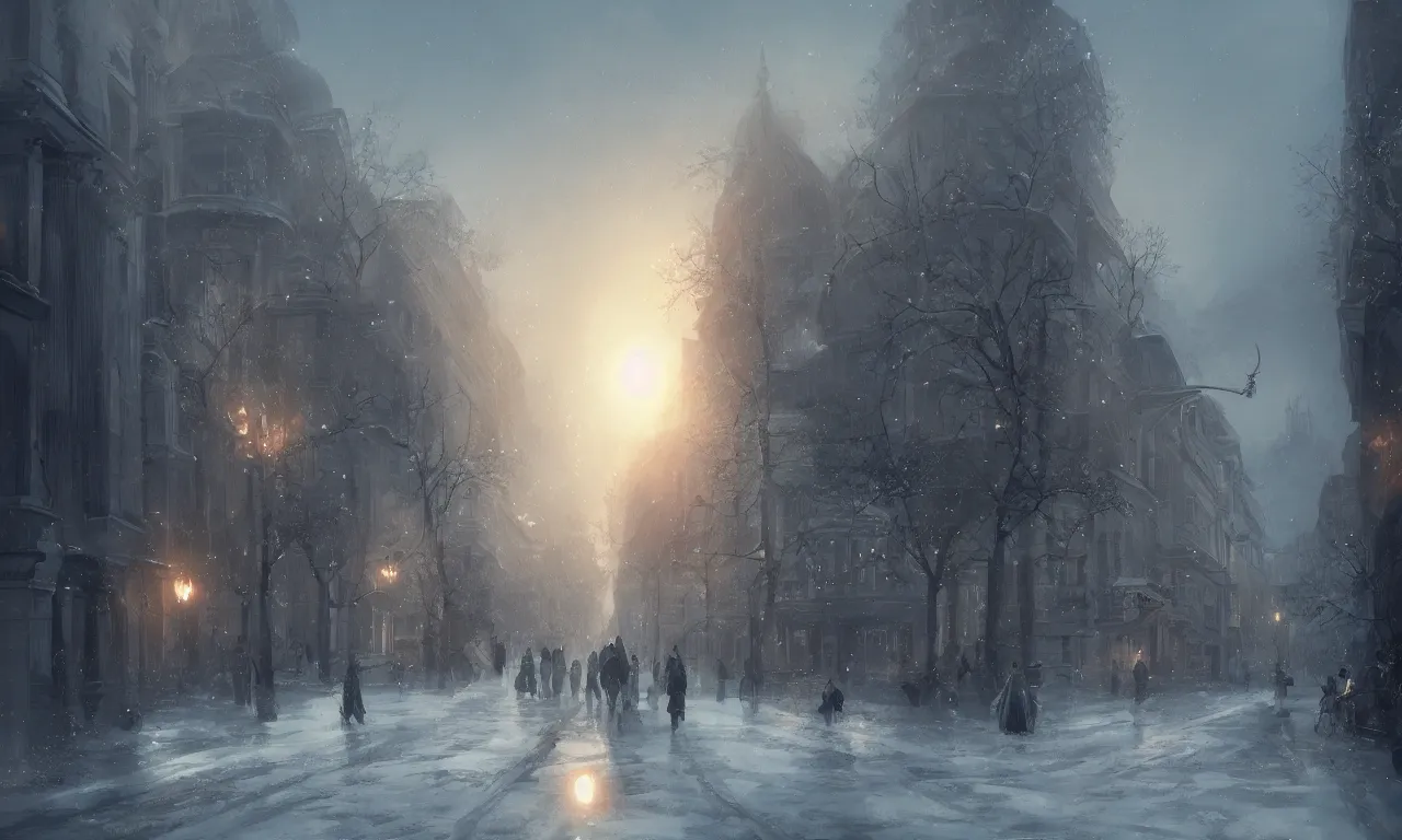 Prompt: a concept of Bucharest in winter in the style of Charlie Bowater, Charlie Bowater , sunset