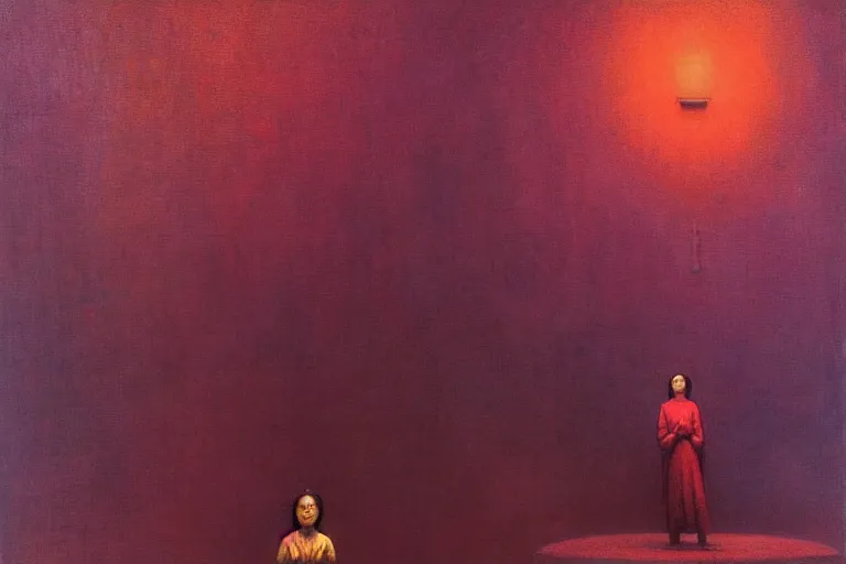 Image similar to a asian female standing center in the octogon, sportspalast amphitheatre, crowd hails her, in the style of beksinski, parts by edward hopper, parts by rodcenko, parts by yue minjun, intricate and epic composition, purple by caravaggio, insanely quality, highly detailed, masterpiece, red light, artstation, 4 k