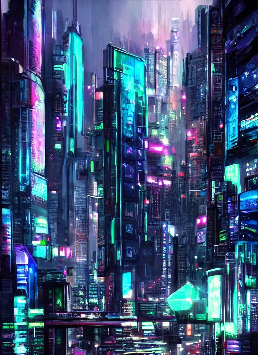 Prompt: Cyberpunk cityscape realistic painting