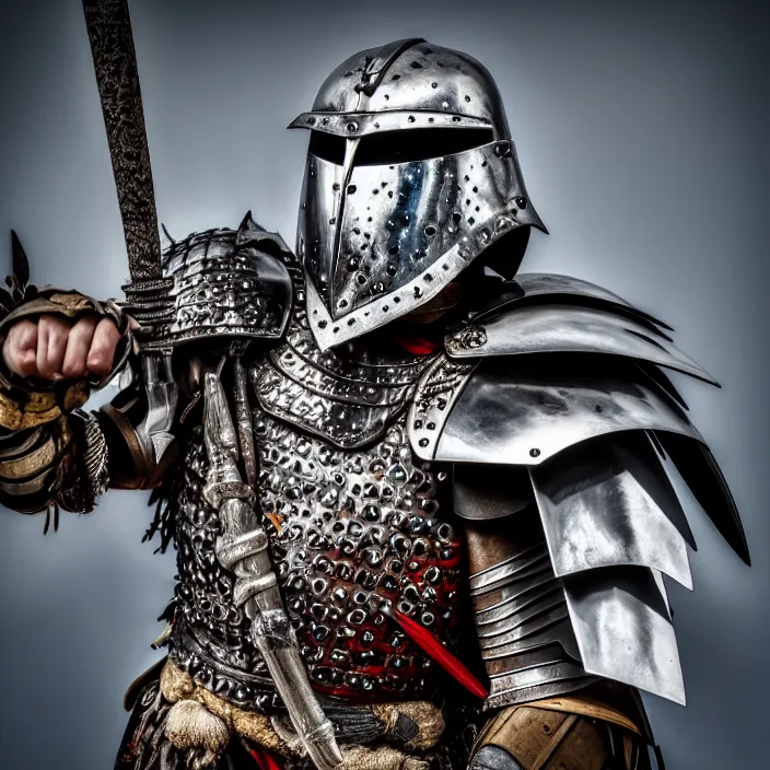 Image similar to photo of a warrior with metal parrot themed armour, highly detailed, 4 k, hdr, smooth, sharp focus, high resolution, award - winning photo