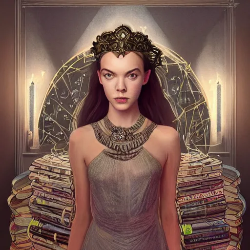 Image similar to a portrait of a older anya taylor - joy as the goddess minerva surrounded by stacks of books, bioluminescent gown with deep level of detail of esoteric symbols, urban motifs, intricate, elegant, highly detailed, digital painting, trending on artstation, concept art, smooth sharp focus, illustration, art by artgerm and greg rutkowski