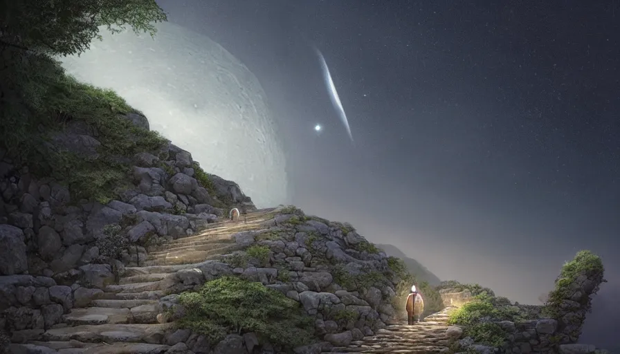 Prompt: a stone stairway leading into space, moonlit landscape, night sky with planets and nebulae visible, rule of thirds, highly detailed, natural volumetric lighting, trending on artstation, concept art, matte painting, 4k, octane render, art by ted nasmith and greg rutkowski