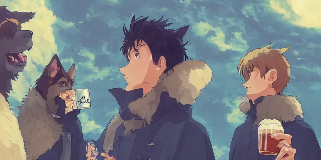 Image similar to a two german shepherds beast - men, holding a mug of beer, a lot of pockets, fur cape, tavern background, magical, bright, colorful, fantastic lighting, amazing details, 4 k uhd, illustration by hayao miyazaki and makoto shinkai and ilya kuvshinov, artstation, pixiv,