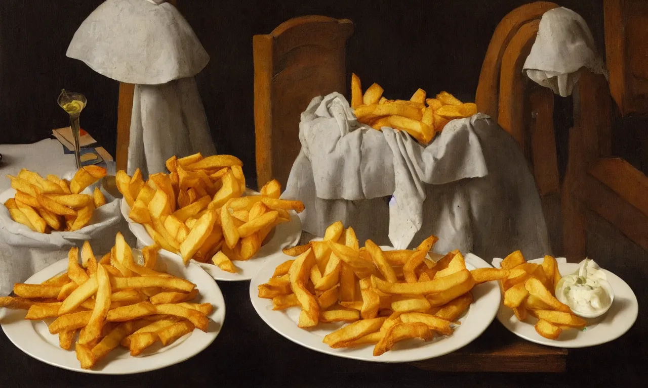 Prompt: a plate of Fish & Chips in the style of Johannes Vermeer, vivid colors, high details, cinematic, 8k resolution, beautiful detailed, photorealistic, digital painting, artstation, concept art, smooth, sharp focus, illustration, fantasy background, artstation trending, octane render, unreal engine