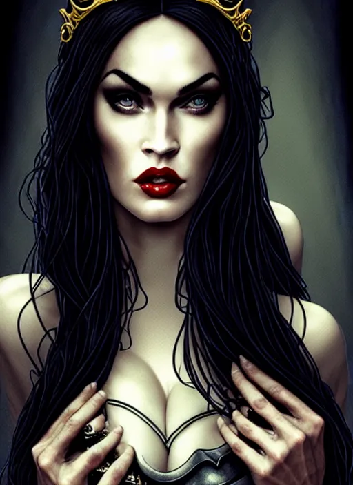 Image similar to megan fox witch queen, black eyes, blood, full body, intricate victorian dress, middle shot, cinematic lighting, symmetrical eyes, caravaggio, artgerm, joshua middleton, rafael albuquerque, moody lighting, candles