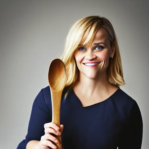 Image similar to reese witherspoon, holding a spoon, wooden spoon, cutlery, photography, smiling, portrait, soft focus