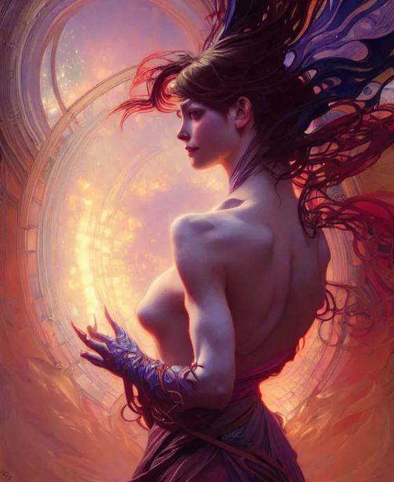 Image similar to a whirlwind of souls ushing inside the metaverse, half body, glowin eyes, d d, fantasy, intricate, elegant, highly detailed, colorful, vivid color, digital painting, artstation, concept art, art by artgerm and greg rutkowski and alphonse mucha and ruan jia