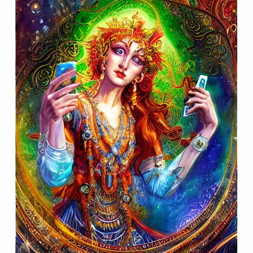 Prompt: a zodiac goddess checking her cell phone by senior concept artist josephine wall, acrylic on canvas, intricately detailed, high resolution trending on artstation