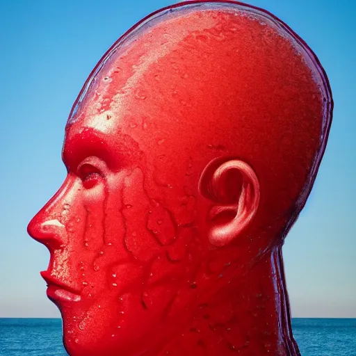 Prompt: a giant human head sculpture in the sea made out of juicy and half transparent red jelly, in the style of chad knight, long shot, hyper detailed, hyper realistic, ray tracing, 8 k resolution, sharp focus, realistic water, award winning