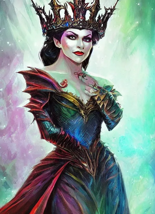 Image similar to evil queen beautiful wearing a crown, ultra detailed fantasy, dndbeyond, bright, colourful, realistic, dnd character portrait, full body, pathfinder, pinterest, art by ralph horsley, dnd, rpg, lotr game design fanart by concept art, behance hd, artstation, deviantart, hdr render in unreal engine 5