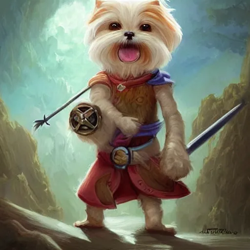 Image similar to cute little anthropomorphic a Maltese Terrier and a tabby cat, wielding a magic staff, tiny, small, short, Wizard robe, cute and adorable, pretty, beautiful, DnD character art portrait, matte fantasy painting, DeviantArt Artstation, by Jason Felix by Steve Argyle by Tyler Jacobson by Peter Mohrbacher, cinema