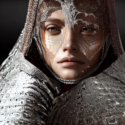 Prompt: a regal brown woman wearing an intricate and detailed armor made of ice. ice caves. glaciers. dramatic shadows. reflections. morning dew. textures. delicate. translucent. studio portrait. photorealistic. octane render