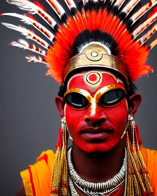 Image similar to photo of a Dramatic Theyyam male dancer with red indian headgear painted face wearing futuristic goggles space helmet and Roman soldier metallic armour with traditional theyyam costume in the style of stefan kostic, full body, feather native american headgear, realistic, sharp focus, symmetric, 8k high definition, insanely detailed, intricate, elegant, art by stanley lau and artgerm, Hajime Sorayama, William-Adolphe Bouguereau