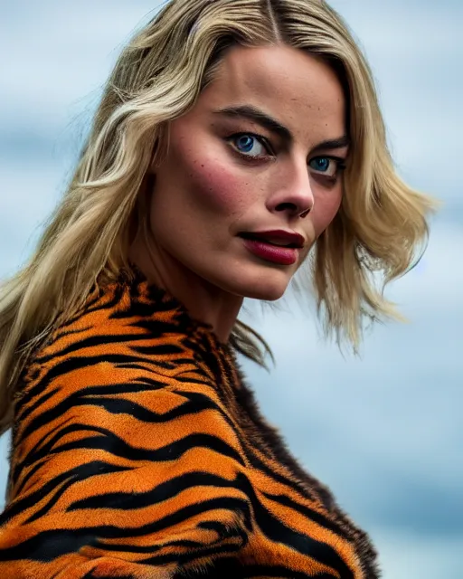 Image similar to A detailed photo of margot robbie wearing a tiger suit, detailed face, highly detailed, cinematic, full body shot, 4k, hd, sharp