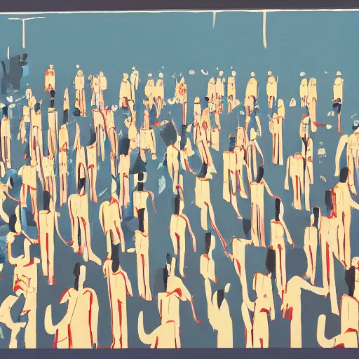 Image similar to screen printing, gouache by toshio saeki, by asger jorn dynamic. a beautiful installation art of a group of people standing in a line. they are all facing the same direction & appear to be waiting for something.