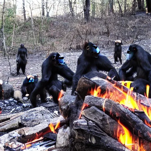 Prompt: apes huddled round a fire surrounded by absolute darkness