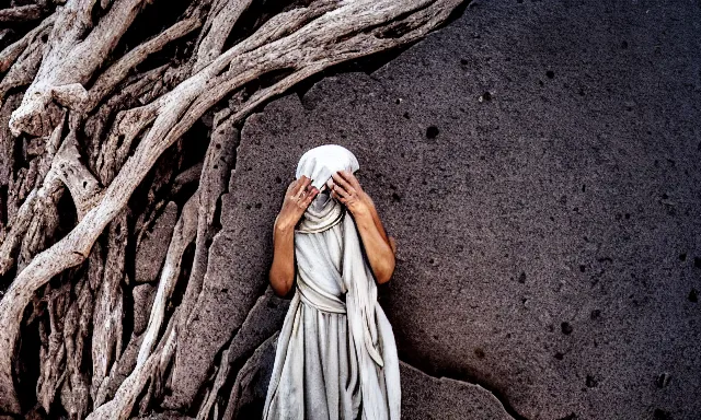 Image similar to medium shot of a nondescript crying ancient dried up Danu, peaceful, facing the camera and standing in front of a dried up river in a desolate land, dead trees, blue sky, hot and sunny, highly-detailed, elegant, dramatic lighting, artstation, 4k, cinematic landscape, photograph by Elisabeth Gadd