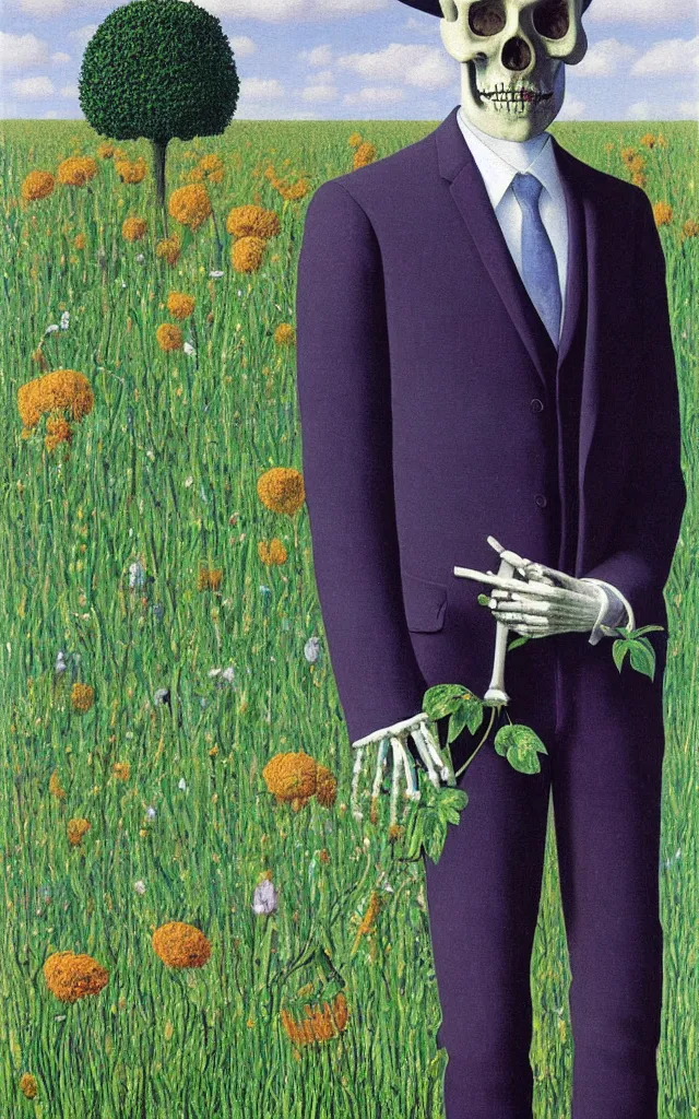 Image similar to human skeleton in a suit looking at you at distance in beautiful meadow of flowers, detailed painting by rene magritte