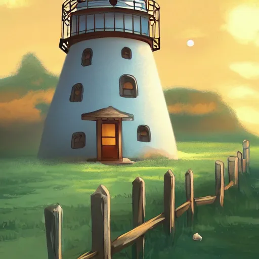 Prompt: beautiful cute cozy little lighthouse by the sea and a cozy cottage, well and fence, puffy clouds, stars, moon, anime style of hayao miyazaki, digital art trending on artstation