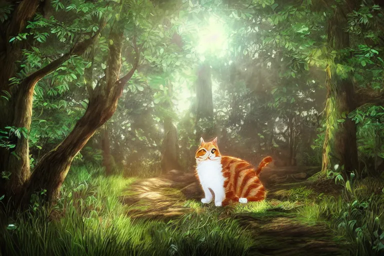 Image similar to a cat in a forest, highly detailed, digital art, trending on artstation, backlighting, by kawacy, by ken sugimori, fan art