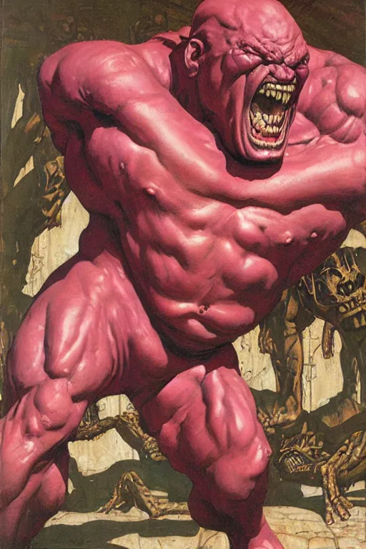 Prompt: portrait of morgan aste as huge pink hulk standing triuphant over dead alien, painted by jack kirby, lawrence alma tadema, norman rockwell, greg staples, wayne barlow, jacob collins, tom lovell, frank schoonover, neville page