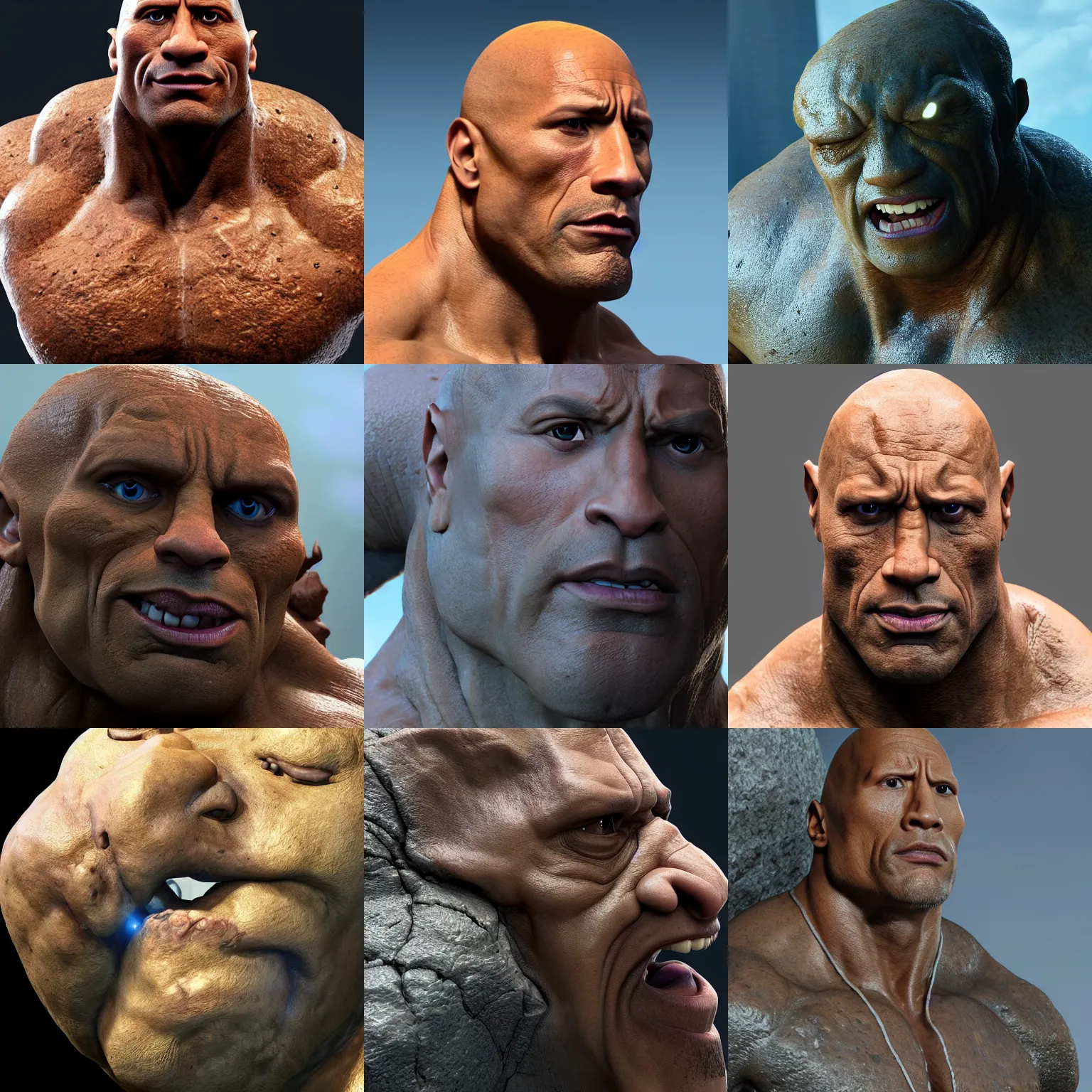 Prompt: dwayne johnson is a boulder rock made of stone, the thing for fantastic 4, cracks in face, octane render, 8 k cinematic still, highly detailed, sculpted in zbrush, textured in substance, featured on artstation